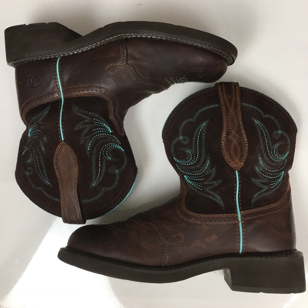 Ariat Fatbaby Heritage Dapper Western Boots Dark Brown Leather Teal Stitching - Picture 13 of 14